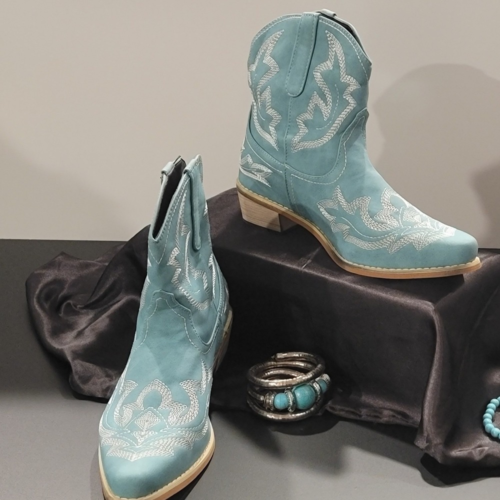 Women's Turquoise Embroidered Ankle Booties